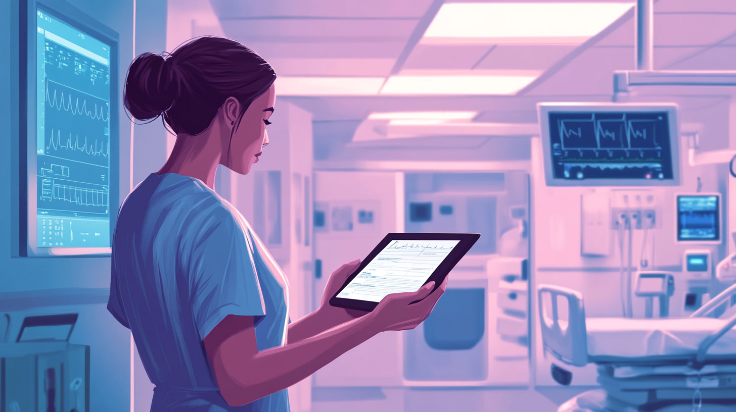 **Alt tag for Image 1:**
*Nurse reviewing patient documentation on a tablet in a modern hospital setting – accurate nursing documentation to avoid litigation.