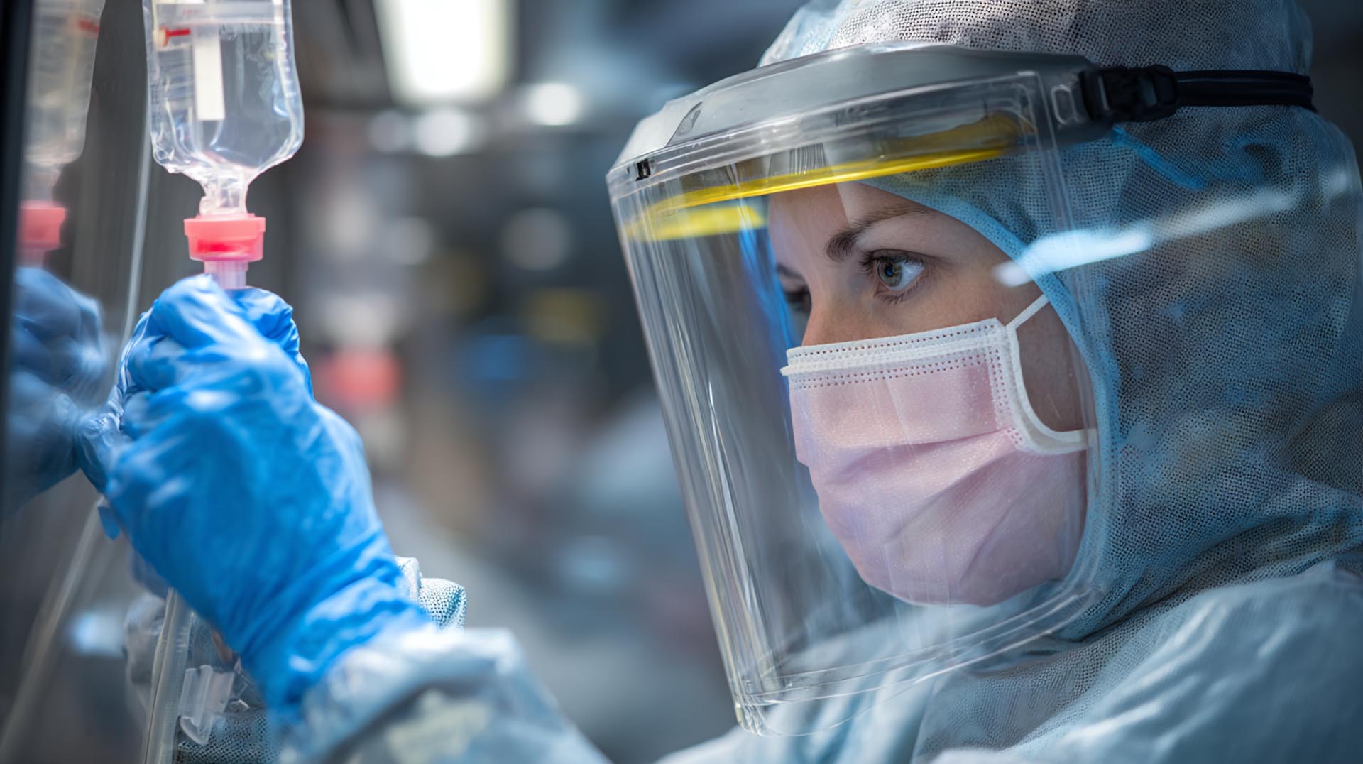 Highlighting a key safety protocol from the CE Nursing course, an oncology nurse in full PPE safely handles a chemotherapy bag under a bio-safety hood.