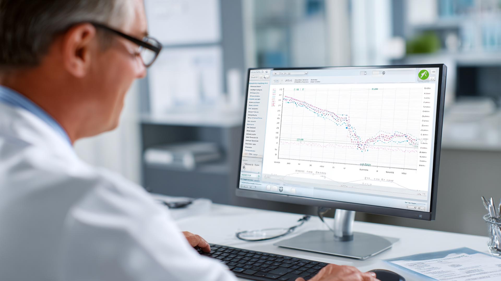 A provider tracks a patient's successful weight loss progress on a graph, a key part of therapeutic monitoring taught in this obesity management CE Nursing course.