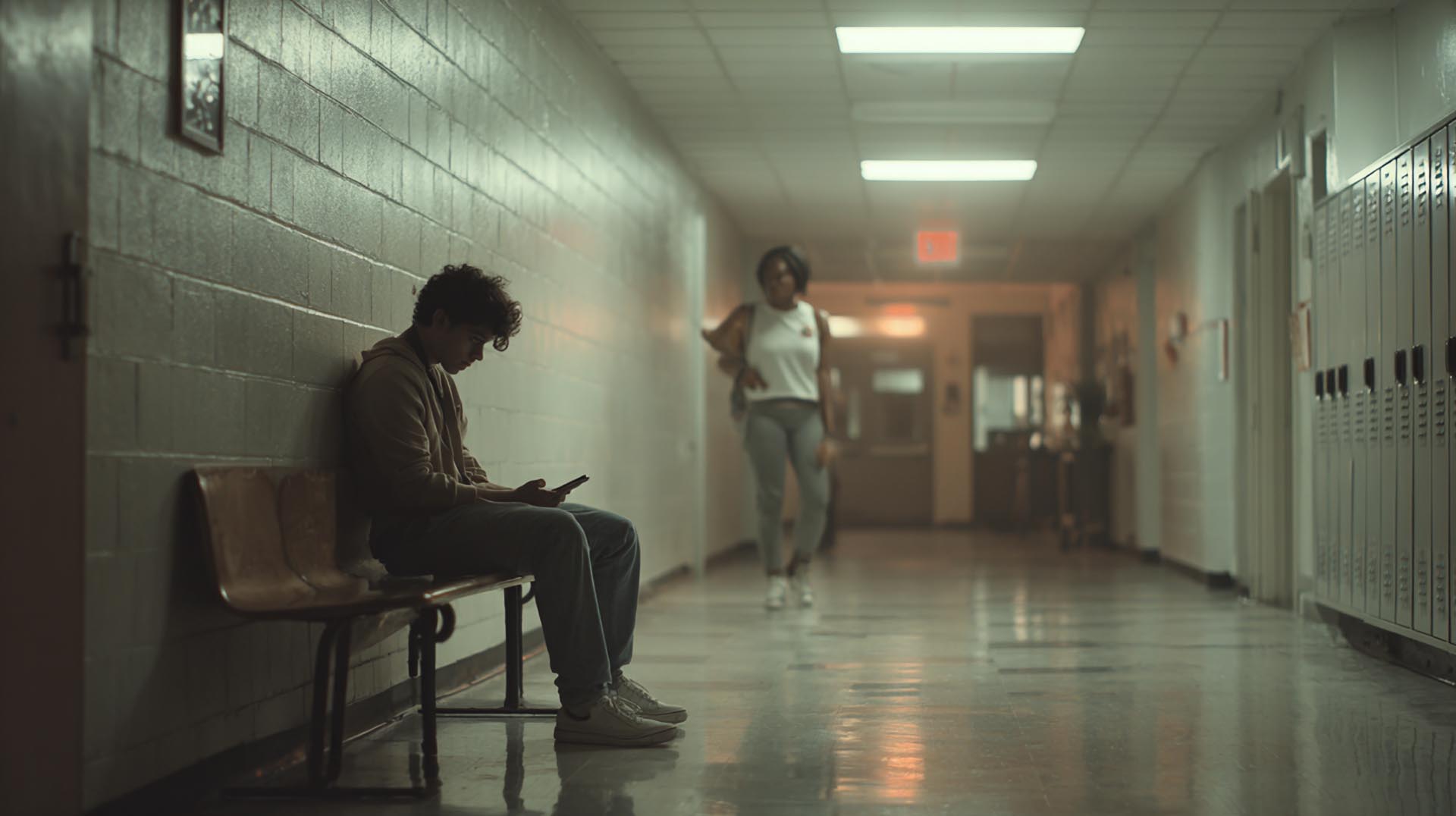 A school nurse approaches a student distressed by cyberbullying, preparing to intervene as taught in the Dealing with Bullying CE Nursing course.