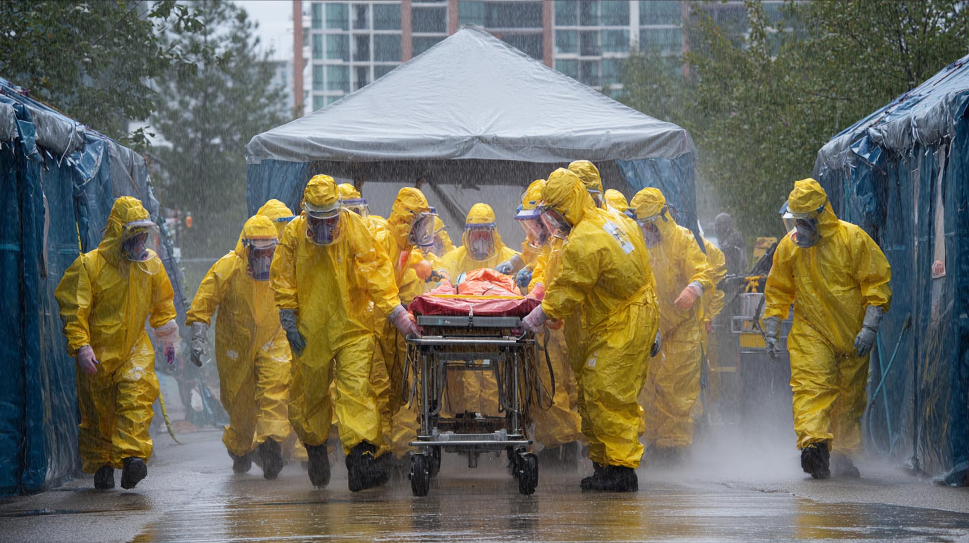 A multidisciplinary team of healthcare and public health professionals collaborates around a digital map in a command center, a key skill taught in the Bioterrorism Preparedness CE Nursing course.