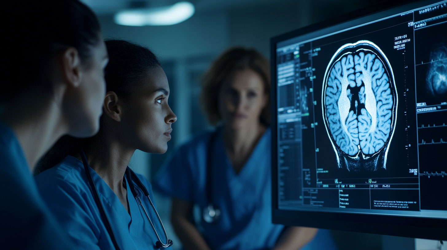 Nurse monitoring vital signs of a stroke patient in a hospital bed, surrounded by medical equipment in a clinical setting