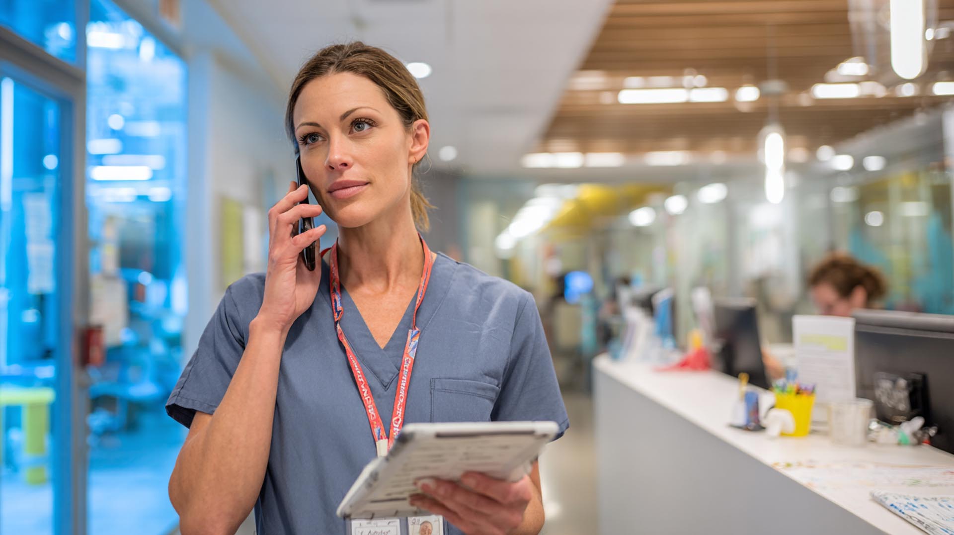 An elderly patient being transported to a hospital on a stretcher, assisted by paramedics, while a nurse communicates with them using a handheld device. The scene highlights teamwork, urgency, and effective communication in a long-term care setting. CE Nursing Course